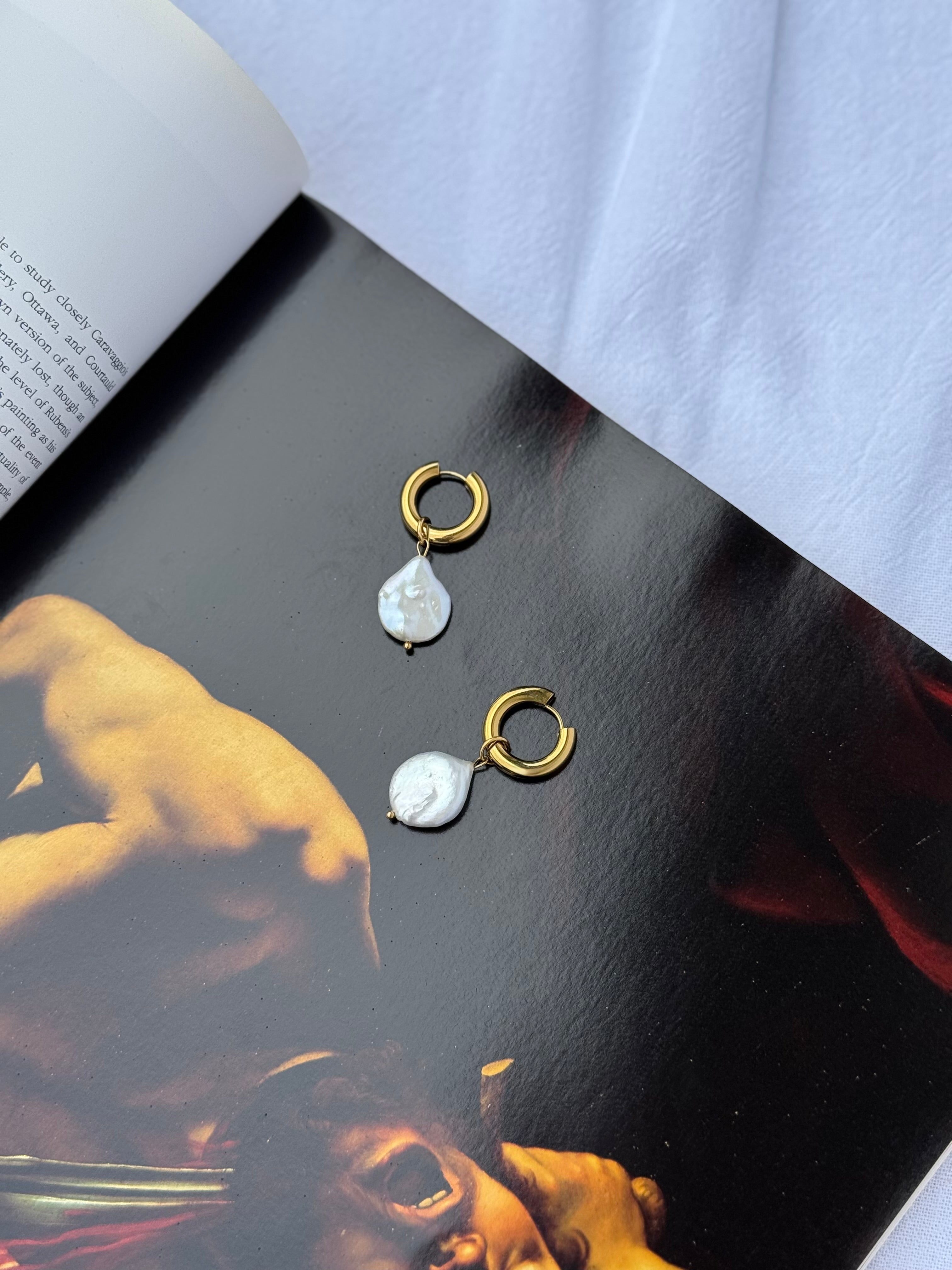 Chunky Gold Hoop Earrings with Freshwater Coin Pearls
