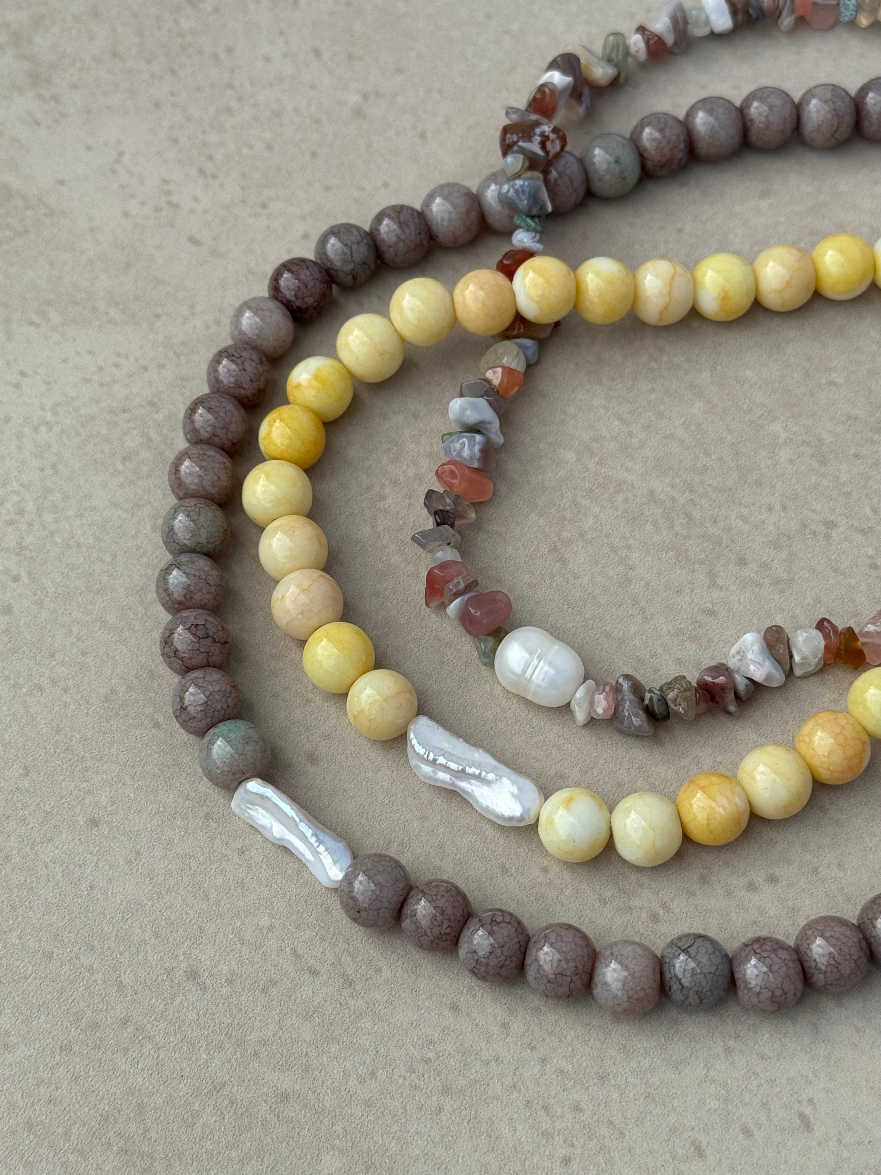 Muse Necklace yellow glass beads with baroque stick pearl, and Light Briar Necklace with polished Persian natural crystal chips and pearl — Secret Meadow collection by Salty Gypsy