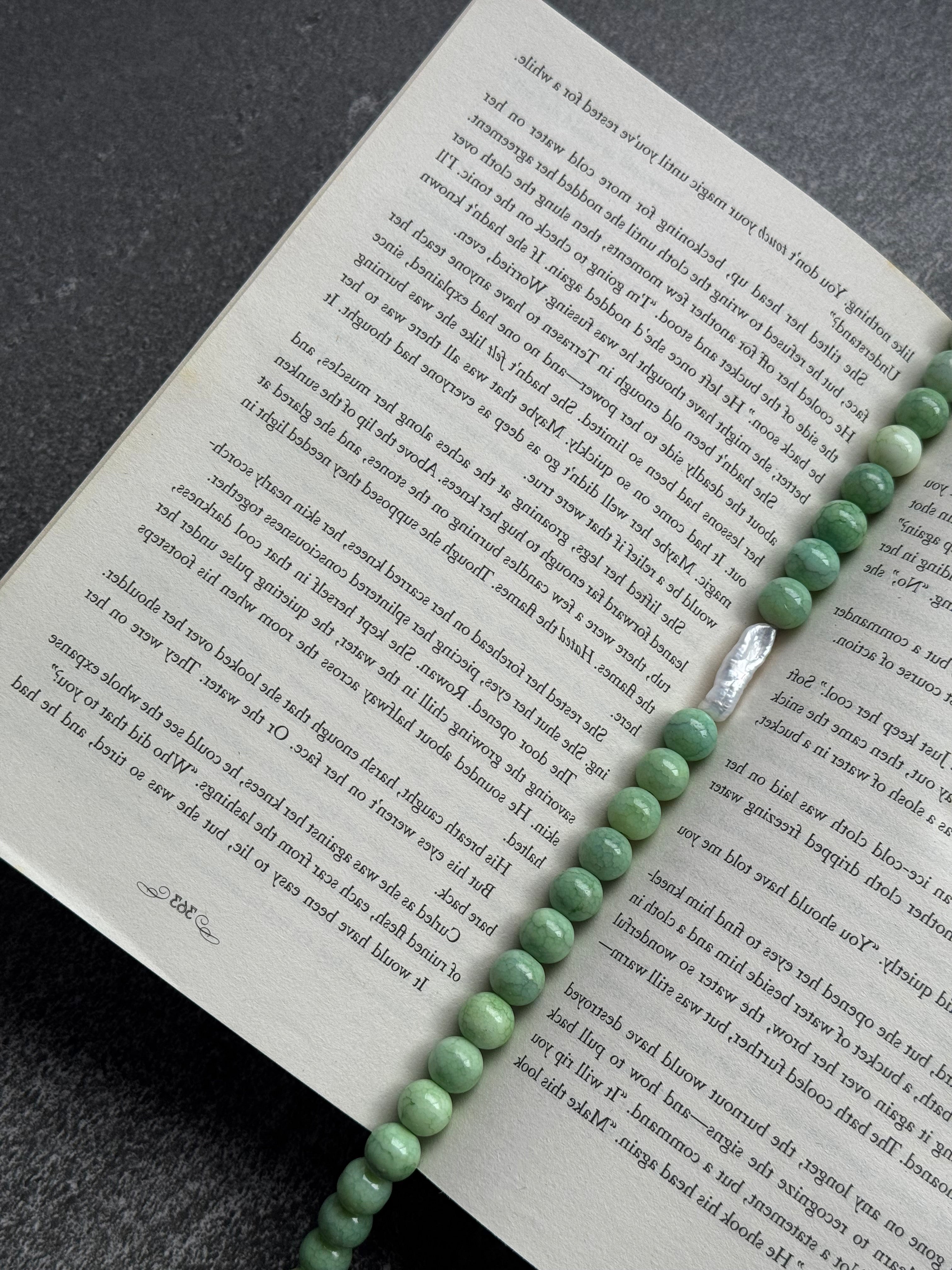 The Muse Necklace in green — sage-green glass beads with baroque stick pearl, handmade by Salty Gypsy