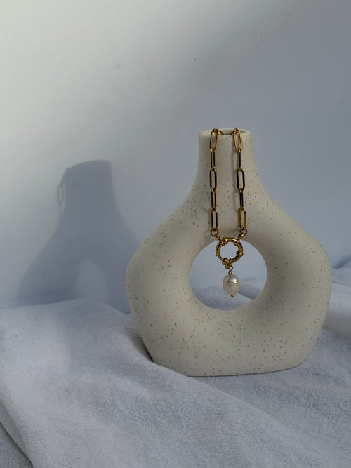 Aluna gold paperclip chain necklace with front clasp and potato pearl pendant, handmade by Salty Gypsy
