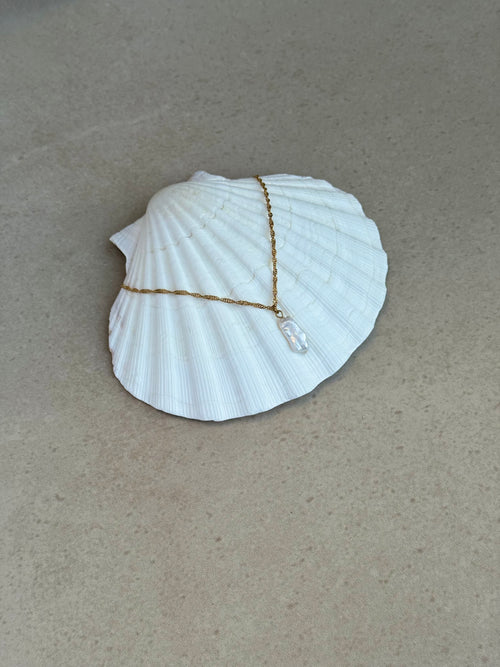 Camille Gold Chain with Keshi Pearl Pendant — water wave chain, 18K PVD gold plated stainless steel, handmade by Salty Gypsy