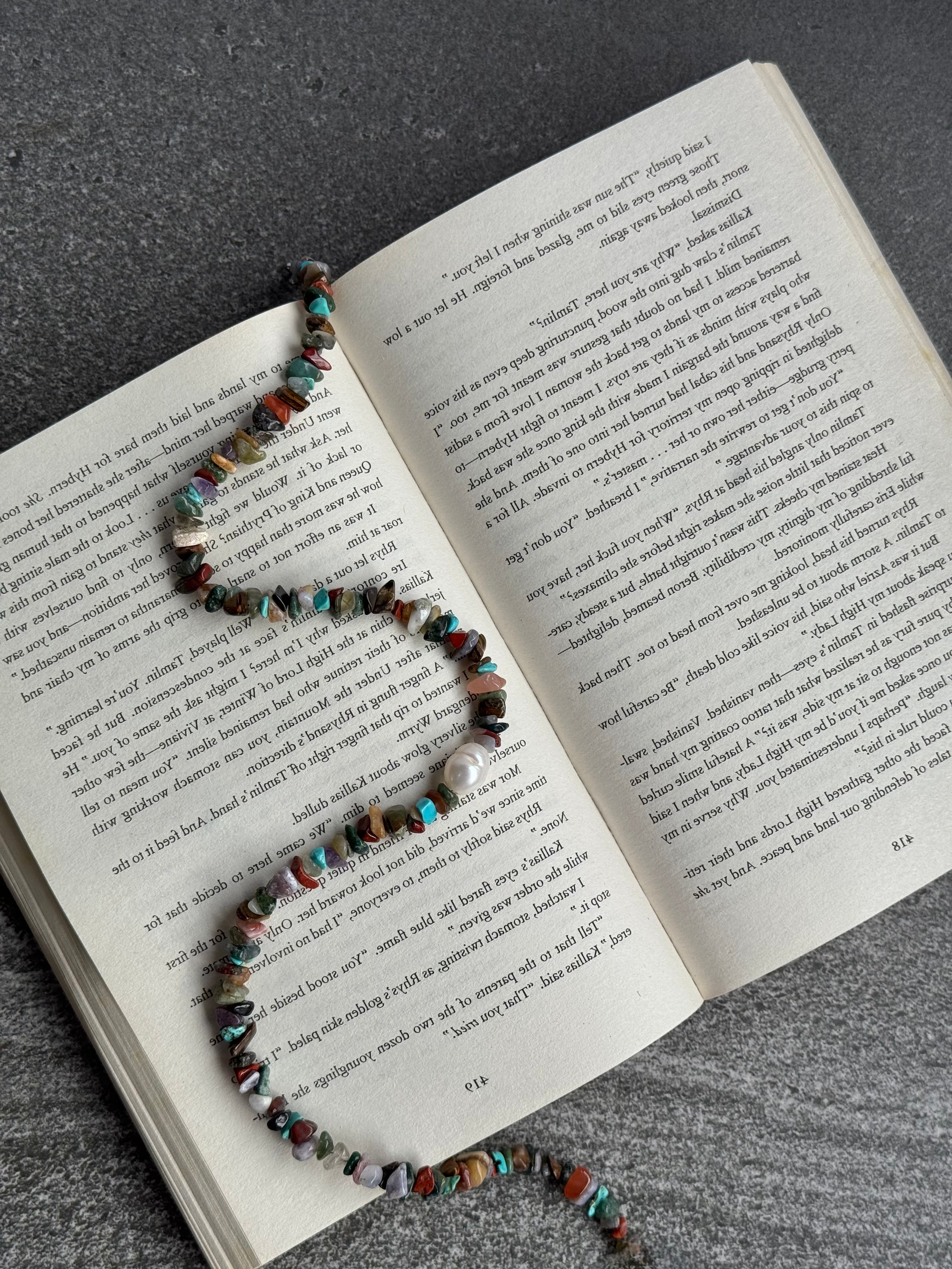 Dark Briar Necklace with mixed natural crystal chips and freshwater pearl, handmade by Salty Gypsy