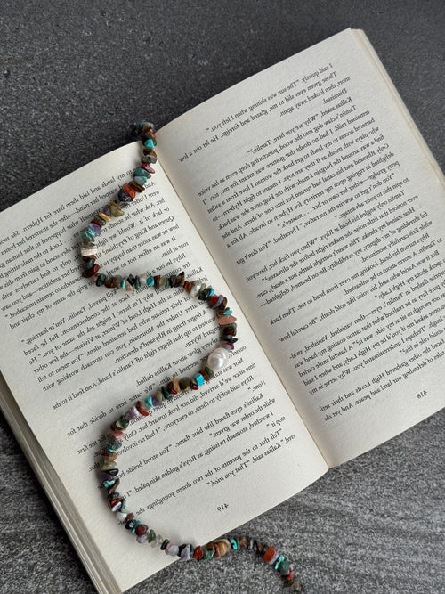Dark Briar Necklace with mixed natural crystal chips and freshwater pearl, handmade by Salty Gypsy