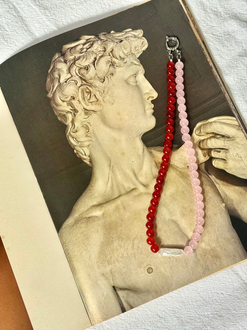 Darling Necklace — red and pink glass bead necklace with stick pearl centrepiece, handmade by Salty Gypsy