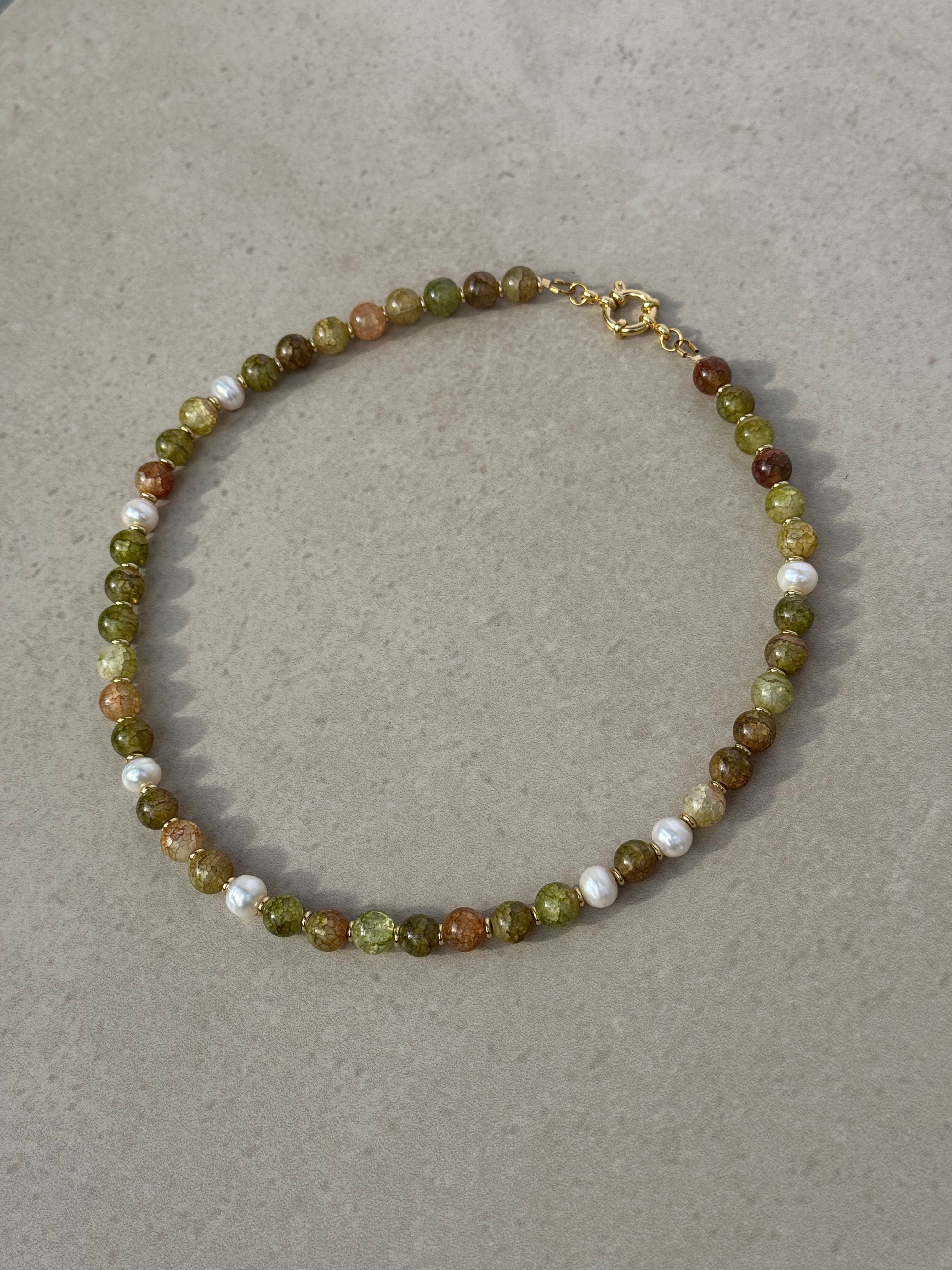 Fawn Necklace in green and gold — moss green glass beads with scattered pearls and 18K gold detailing, handmade by Salty Gypsy