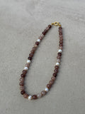 Fawn Necklace in purple and gold — dusky amethyst glass beads with scattered pearls and 18K gold detailing, handmade by Salty Gypsy