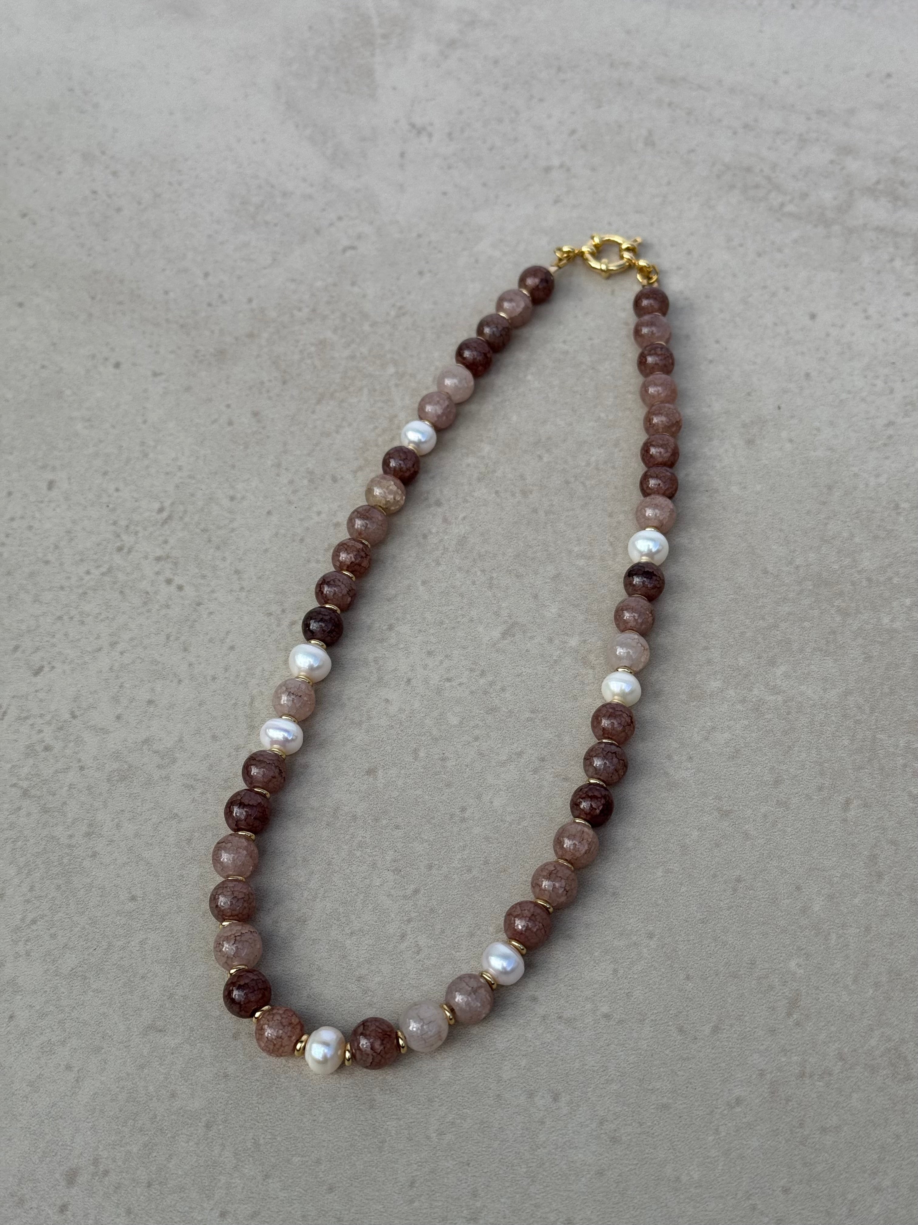 Fawn Necklace in purple and gold — dusky amethyst glass beads with scattered pearls and 18K gold detailing, handmade by Salty Gypsy