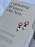 Harlow chunky gold huggie hoop earrings with black glass bead and freshwater pearl charm, handmade statement jewellery by Salty Gypsy