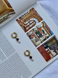 Harlow chunky gold huggie hoop earrings with brown glass bead and freshwater pearl charm, handmade statement jewellery by Salty Gypsy