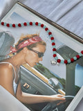 Hot Tropic silver beaded necklace handmade with blue and red glass beads, hibiscus charm and rice pearl by Salty Gypsy
