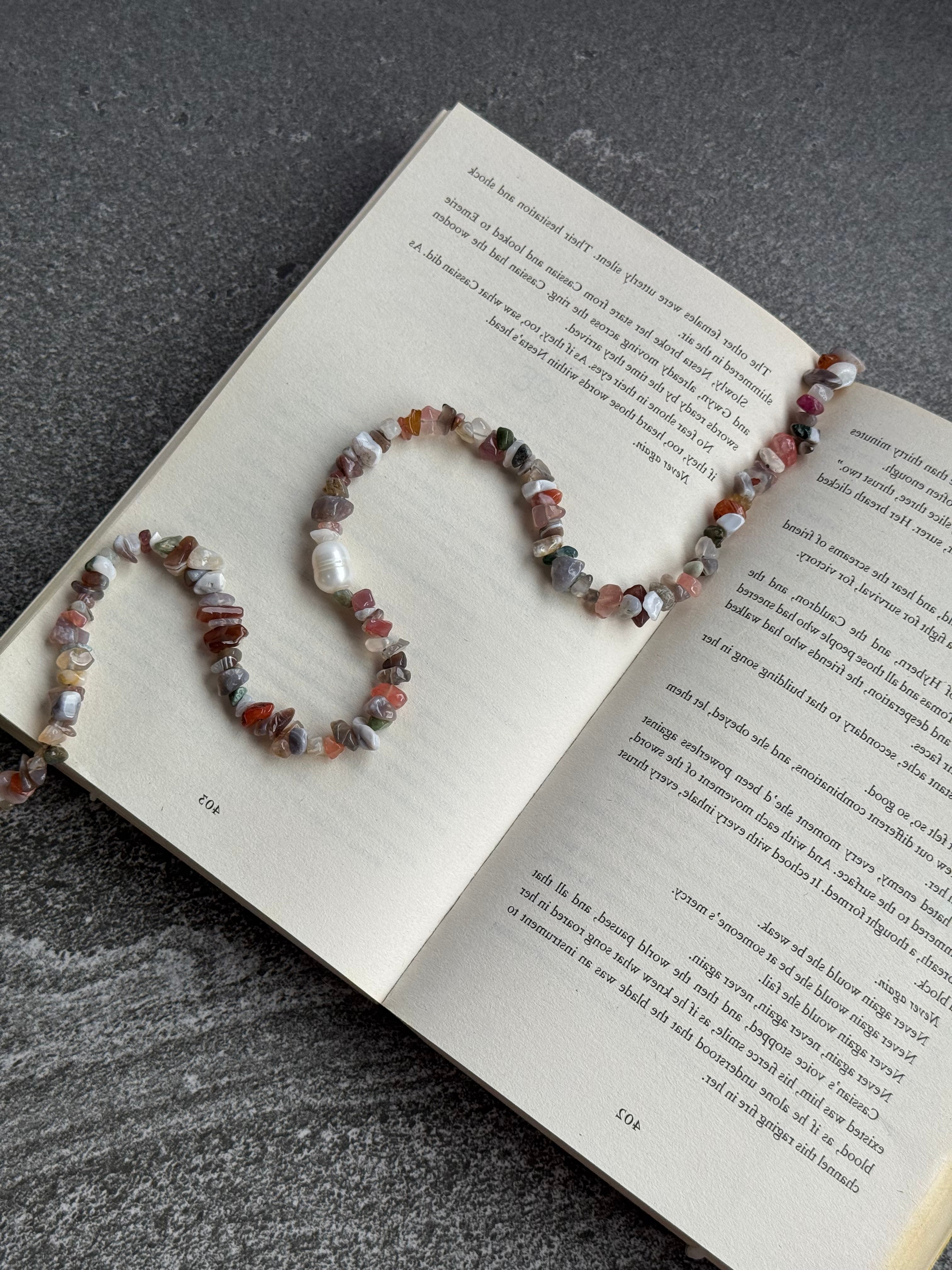 Light Briar Necklace with polished Persian agate chips and freshwater pearl, handmade by Salty Gypsy