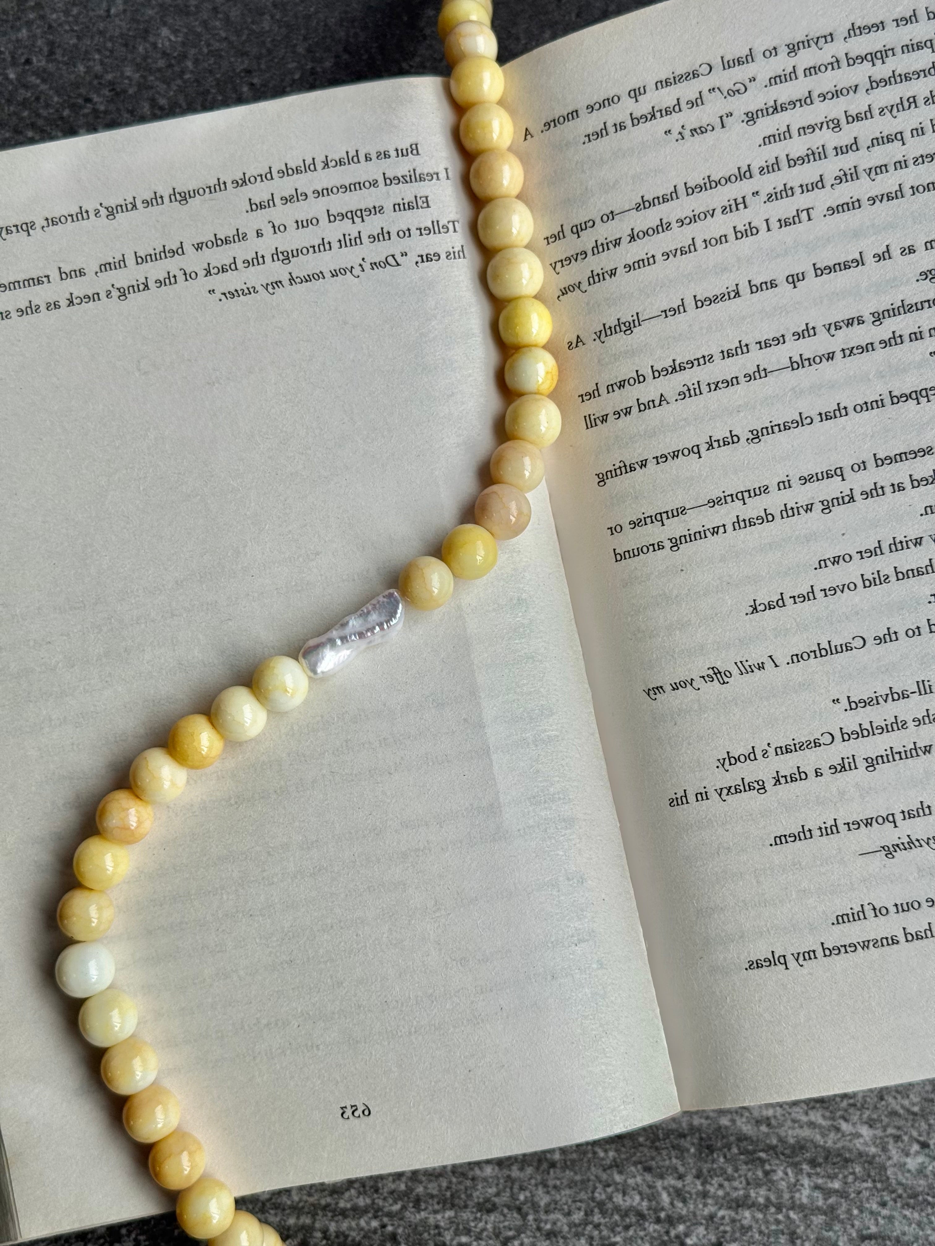 The Muse Necklace in yellow — sunshine-yellow glass beads with baroque stick pearl, handmade by Salty Gypsy