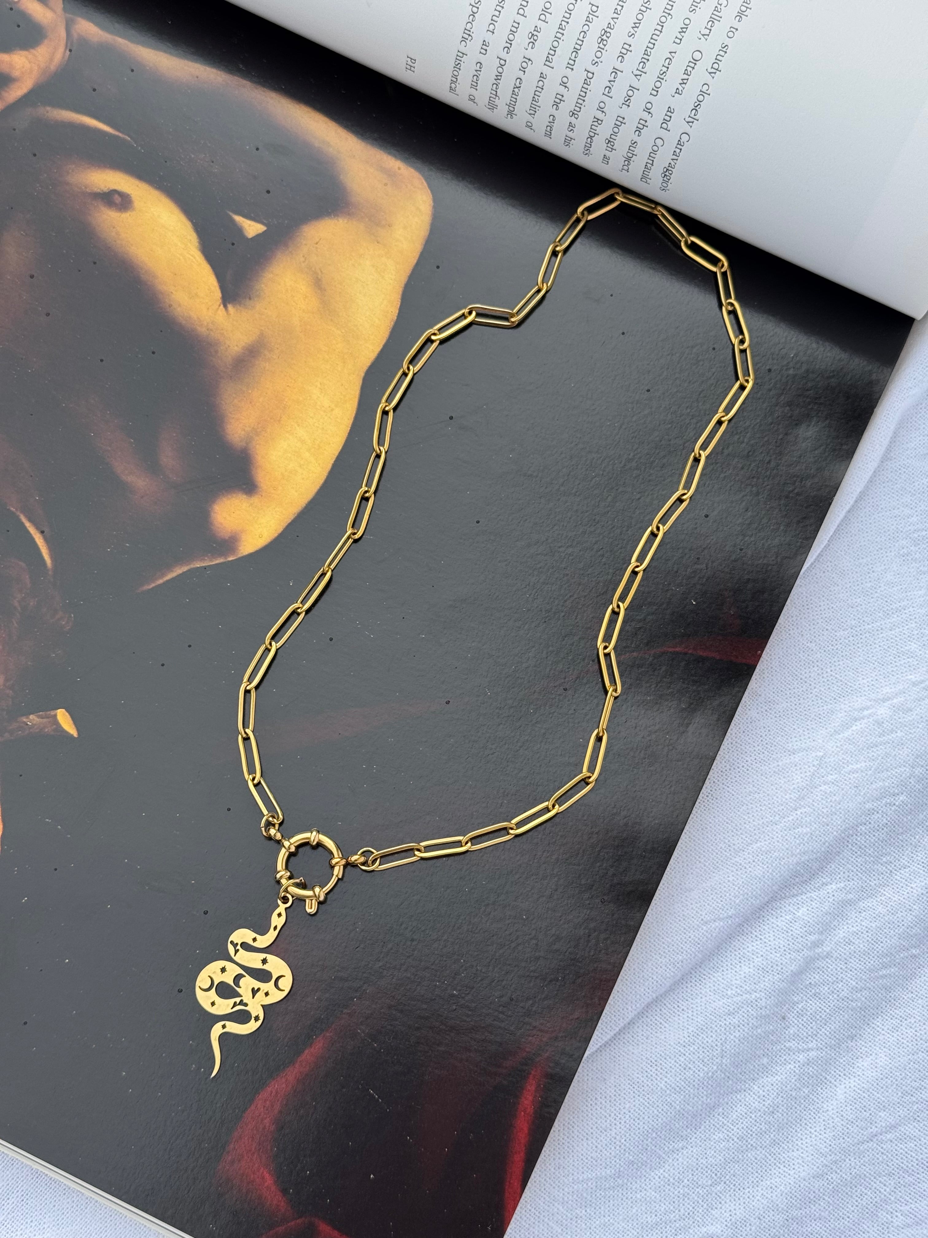 Nyx Gold Chain & Snake Pendant — 18K gold plated paperclip chain with sinuous snake pendant, handmade by Salty Gypsy