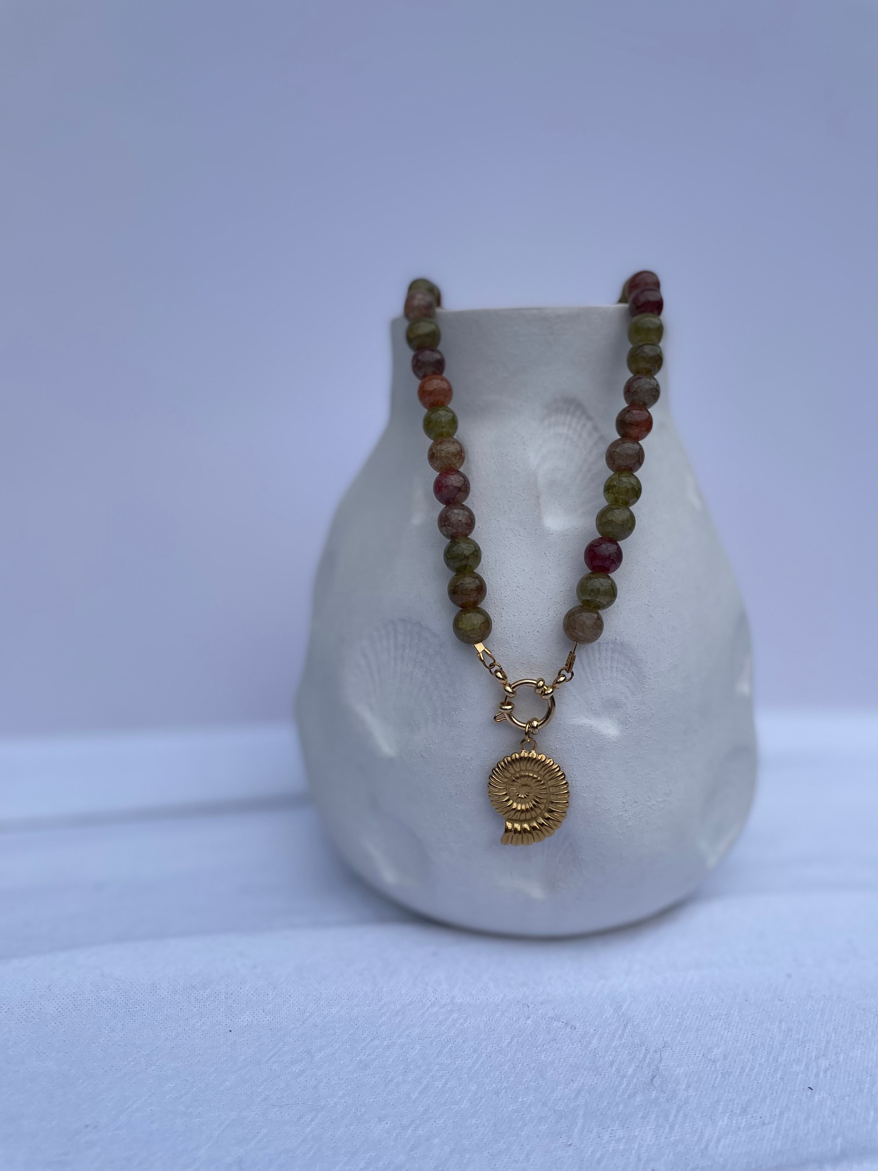 Wild Juniper Necklace in green and gold — chunky moss green glass beads with large spiral shell pendant and 18K gold detailing, handmade by Salty Gypsy